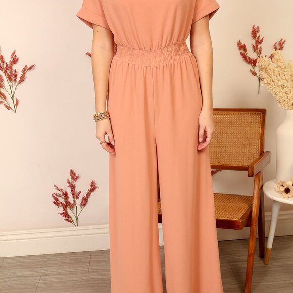 LUMIERE Peach Wide-Leg Jumpsuit with Open Back Tie, Elegant One-Piece Outfit - Picture 6 of 6